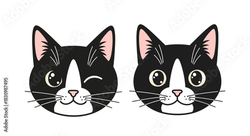 Cute cartoon black and white cat faces with different expressions