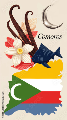 Comoros travel poster with map flag, vanilla flower, tropical fish and crescent moon, colorful island tourism and culture illustration