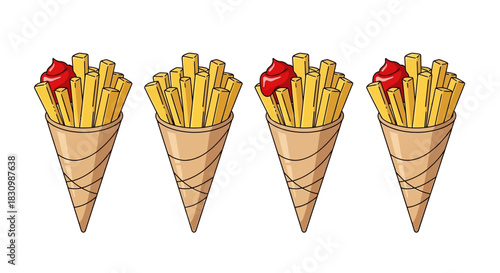 Four cartoon french fries in waffle cones, two with ketchup dollop