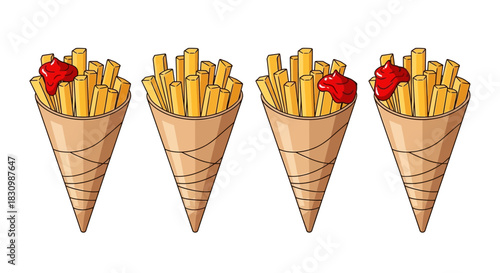 Golden french fries in paper cones, some topped with ketchup.