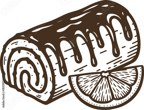 Vintage cake roll illustration with chocolate drizzle and citrus slice – dessert vector
