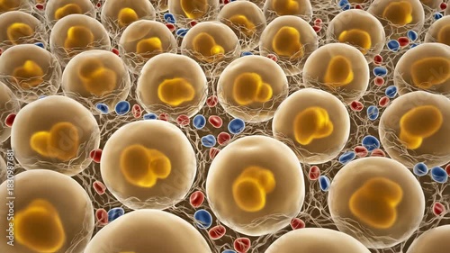 Multiple thyroid follicles arranged like a honeycomb, each shimmering with warm golden tones, microcapillaries weave between the follicles, carrying red and blue blood cells