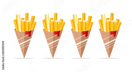 Four crispy golden french fries in paper cones with red ketchup