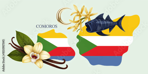 Comoros map with national flag colors, vanilla flowers, fish and crescent moon, tropical Indian Ocean island culture illustration