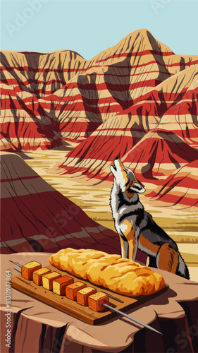 Desert canyon landscape with howling coyote and grilled kebab on rustic table, colorful striped mountains, western wildlife illustration