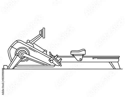 Indoor rowing machine for cardio workout hand drawn vector illustration. Black and white gym fitness equipment sketch isolated on white background.