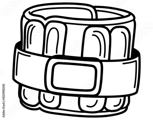 Single ankle or wrist weight with strap for fitness workout hand drawn vector illustration. Black and white gym gear sketch isolated on white background.