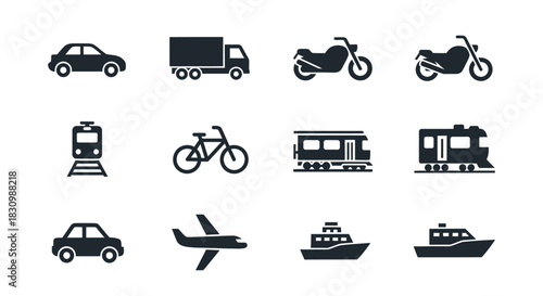 A collection of simple black and white vector icons representing different modes of transport, including cars, trucks, motorcycles, trains, bicycles, planes, and boats