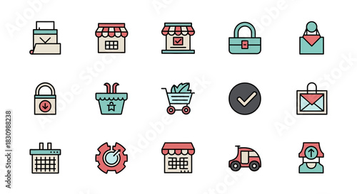 Collection of colorful, flat vector icons depicting shopping, digital communication, and administrative symbols. Clean, modern style with black outlines. Includes shops, locks, and an upload icon