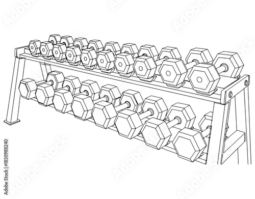 Dumbbell rack with hexagonal weights hand drawn vector illustration. Black and white gym fitness equipment stand sketch isolated on white background.