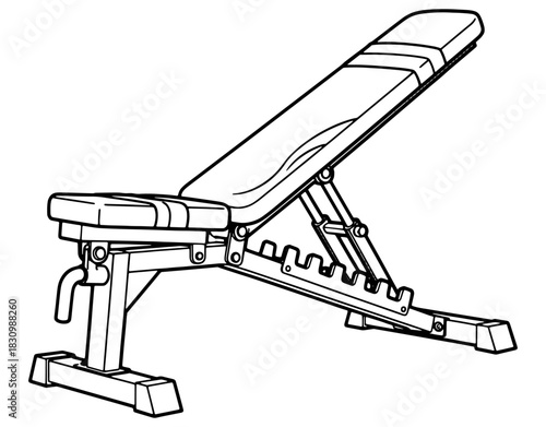 Adjustable weight bench for gym workout hand drawn vector illustration. Black and white fitness equipment sketch isolated on white background.