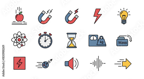 Colorful vector illustrations of various scientific concepts and symbols. Includes objects of motion, atom, magnets, electricity, sound, and time. Features bright colors and clear lines