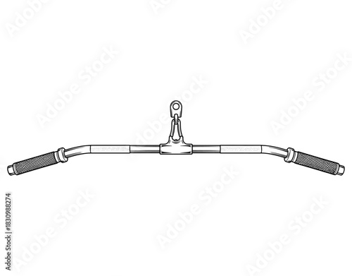 Lat pulldown bar cable attachment for gym machine hand drawn vector illustration. Black and white fitness workout equipment sketch isolated on white background.