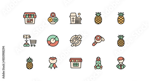 Set of colorful, flat vector icons on white, depicting various concepts. Images include pineapple, shop, chart, employee, reward, ice cream, target, magnifying glass, cart, customer review, and more