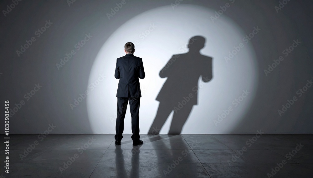 Fototapeta premium Person in suit facing wall under spotlight, casting shadow in circular light on gray background.