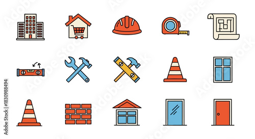 A collection of construction-related vector icons. Features a cityscape, house with cart, hard hat, tape measure, blueprint, level, tools, cone, brick wall, window, door