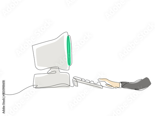 A minimalist continuous one-line style illustration of a retro CRT computer with a keyboard and a hand using a mouse, presented in a clean modern layout. Editable Stroke