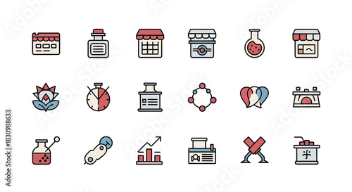 A collection of 15 colorful, flat-style icons featuring various objects calendar, bottle, shops, lab flask, flower, stopwatch, atom, heart, oven, chart, business card, weights, podium