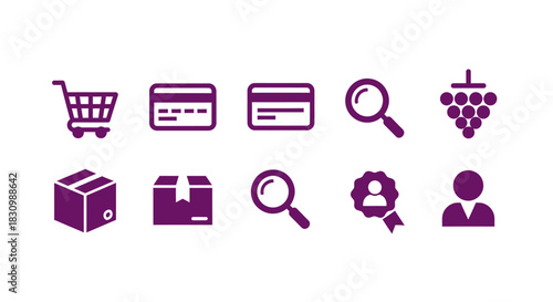 Vector icons depicting e-commerce elements, including a shopping cart, credit cards, search magnifiers, package boxes, a bunch of grapes, and user-related symbols. All icons are in a uniform color