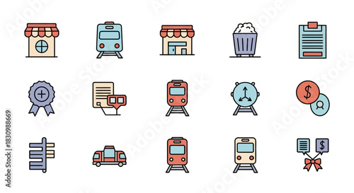 A collection of various colorful vector icons, including transportation, commerce, finances, time, and documents, each with a distinct shape and outline