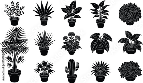 Potted plant silhouette vector, indoor foliage collection, black leaf shapes, botanical decor, nature design, houseplant variety, white background illustration