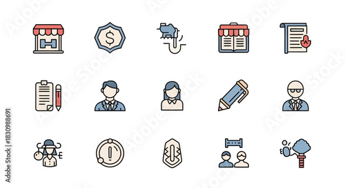 A set of colorful, flat-style vector icons related to business, finance, and people. Featuring various symbols for services, management, and transactions