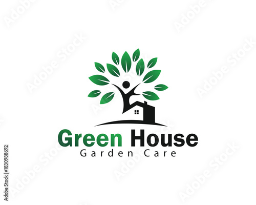 green house logo creative design concept people tree nature leaf innovation