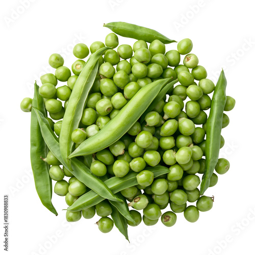 Fresh Green Peas and Pods Gathered in a Neat Pile on a White Background
