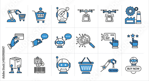 Vector illustrations showcasing robotic elements related to e-commerce and automation, including robots, drones, shopping carts, and a factory. Concepts of online shopping are clearly depicted