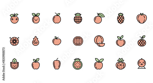 A collection of stylized, cartoon-like illustrations of various fruits, with black outlines, pastel colors, and small leaves. Each fruit is rendered in a simple, friendly manner