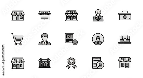 A collection of simple business icons, featuring shops, people, documents, and related elements in a flat design style, rendered in grayscale