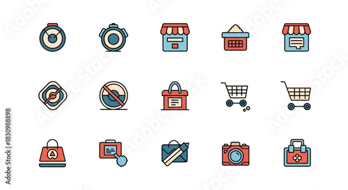 A collection of colorful, flat-style vector icons featuring various objects like clocks, storefronts, shopping carts, bags, cameras, and tools, suitable for digital interfaces