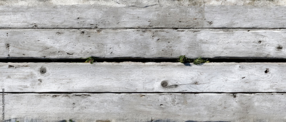 Obraz premium Weathered wooden planks with moss and texture captured in natural light on a sunny day at a rustic outdoor setting