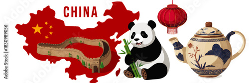 China culture illustration with Great Wall map panda bamboo red lantern and traditional ceramic teapot on transparent background