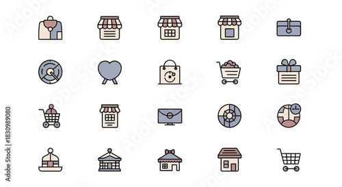 A collection of 20 vector icons on a white background, featuring a variety of objects. Includes shopping-related images, charts, and other elements in a minimalistic style