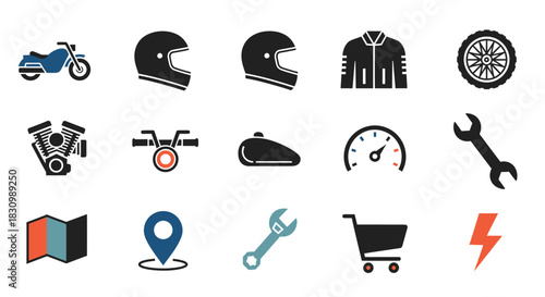 A collection of stylized motorcycle-related icons, from the bike itself to helmets, parts, tools, and navigational elements. Includes a shopping cart and a lightning bolt