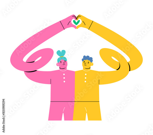 Happy man and woman showing hand heart with gesture. Colorful vector illustration