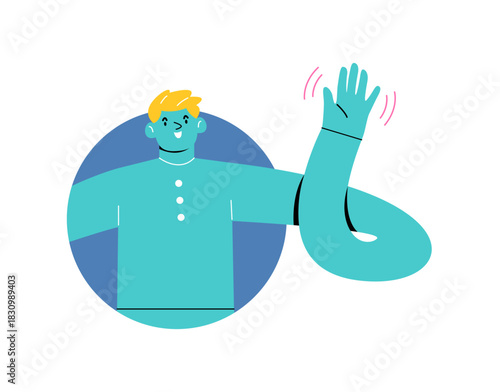 Man is waving hand and smiling, conveying a friendly greeting. Colorful vector illustration