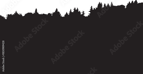 Dramatic black and white forest silhouette vector graphic, ideal for decorative nature-themed borders and atmospheric landscape designs, evoking a serene outdoor environment