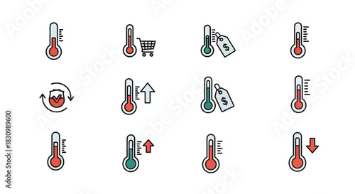 A collection of stylized thermometer icons, showcasing different temperatures and concepts like rising/falling, pricing, recycling, and shopping. Graphics are simple, with color-coded temperatures
