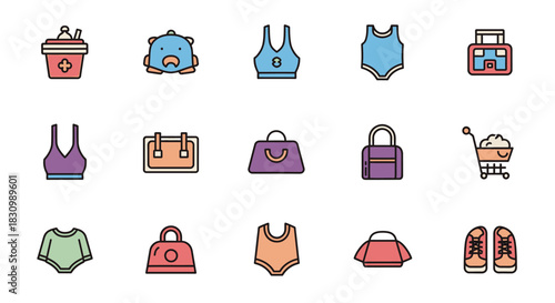 Vector icons depicting various objects like a cup, a creature, clothing items, bags, a shopping cart, and shoes in a flat design style, arranged in rows