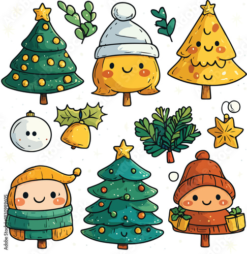 A seamless pattern set of cartoon Christmas trees, snowmen, and holiday vector icons for winter celebration illustration