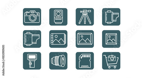 An icon set showcases photography elements within teal-colored squares. Each icon is a white outline, representing a camera, flash, lens, SD card, film rolls, tripod, and gallery imagery