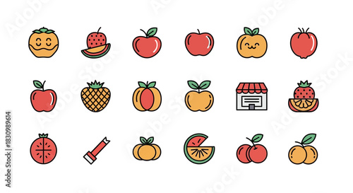 Colorful illustrations of various fruits and a store, presented in a flat, vector style with bold outlines. The collection includes apples, pears, berries, and other fruits