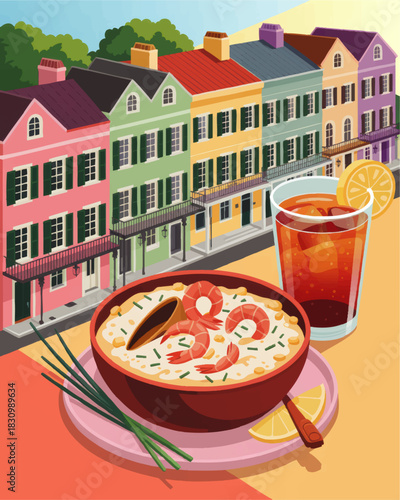 Colorful Southern street with shrimp bowl and iced tea, flat vector illustration of New Orleans style food and architecture