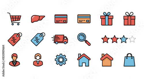 A collection of vibrant, outlined icons related to commerce, medicine, and web interface elements against a white background. Includes shopping cart, credit cards, gift boxes, and a human organ