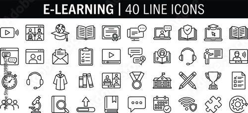 E-learning line icon set featuring 40 clean symbols for online education, virtual classes, study tools, digital learning, teaching, training, resources, and communication.