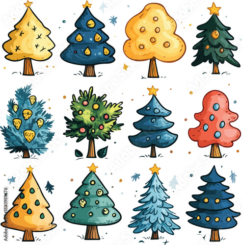 Seamless pattern set with vector Christmas trees, snow, and stars for holiday winter decoration design