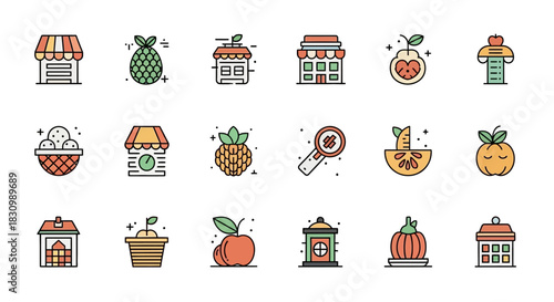 A collection of 15 colorful icons, with a clean and flat design. Various objects shops, fruits, vegetables, and containers. Rounded corners and outlines