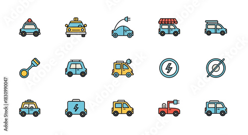 A collection of vehicle-related icons, including cars, vans, and a baby rattle. Some cars are depicted with plugs, symbolizing electric vehicles. Other icons suggest electricity usage